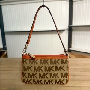 Michael Kors Tan & Orange Monogram Canvas & Leather Wristlet Wallet